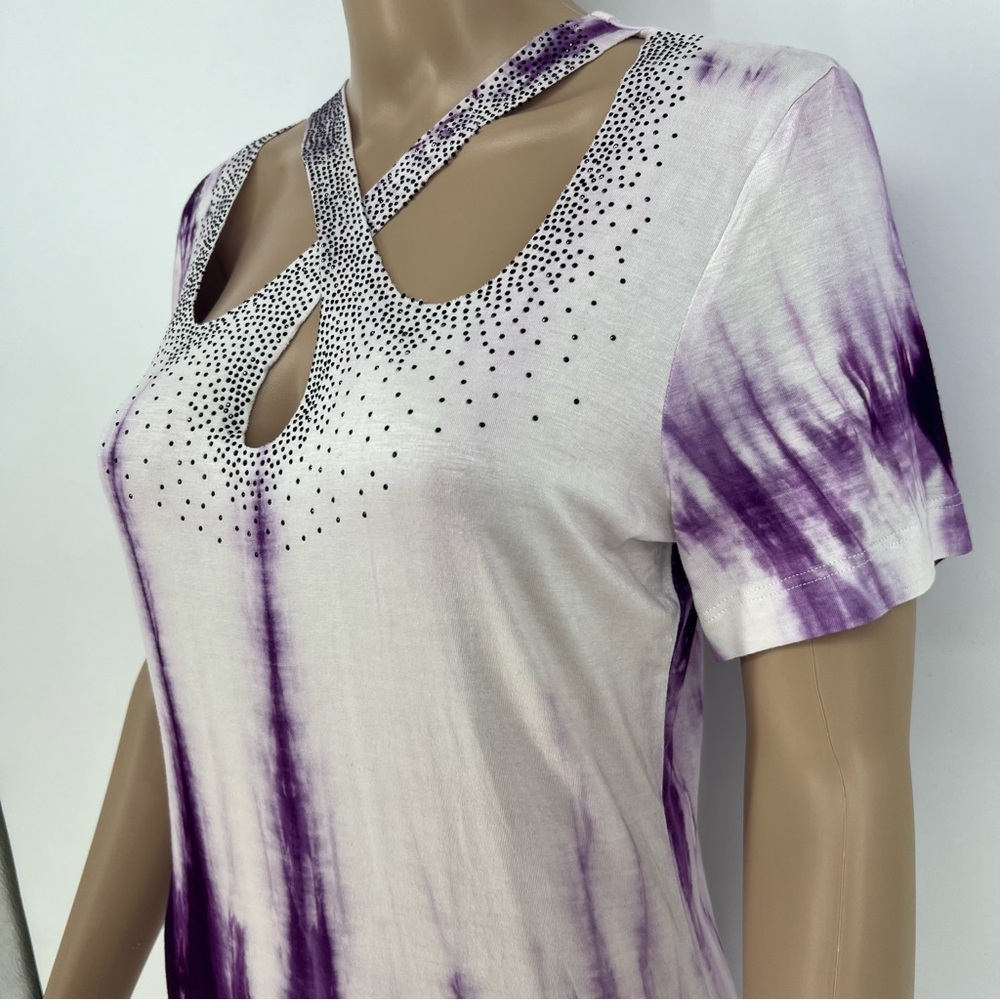 Vocal Top Womens Purple and White Cut Out Crisscross Neckline With Rhinestones - Picture 4 of 10